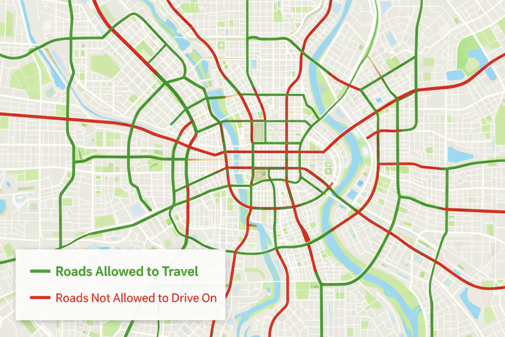Carte interactive des rues de la ville indiquant les zones de circulation autorisées et les voies réservées aux microvéhicules et aux véhicules, conçue pour soutenir la politique de transport urbain, la planification de l'application de la loi et l'information du public.