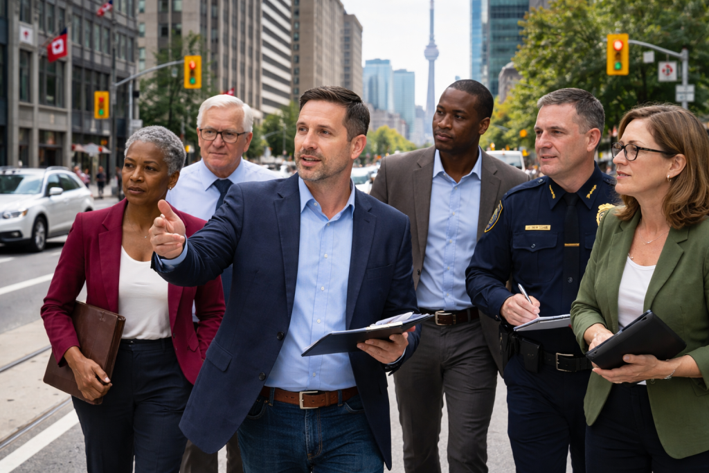 Mobility consultant walking with Canadian city officials on an urban street, reviewing traffic conditions and infrastructure as part of hands-on mobility consulting expertise for transportation policy and enforcement planning.