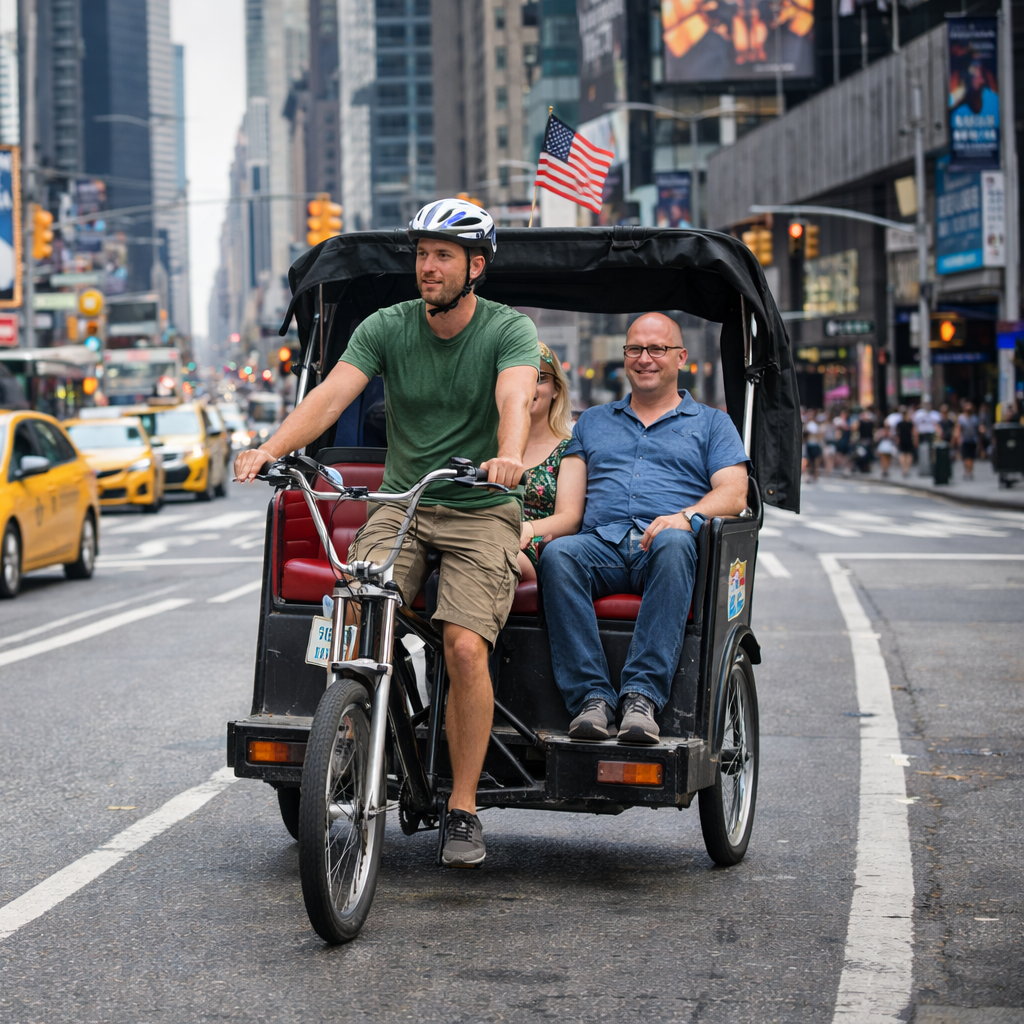 Pedicab carrying passengers through a city downtown, commonly used for sightseeing and short urban trips.